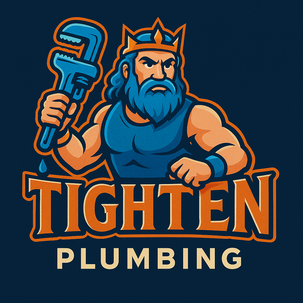 Tighten Plumbing logo: bearded king holding a wrench